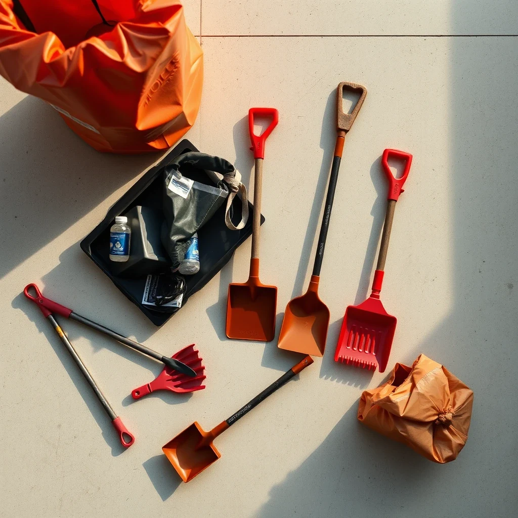 Pooper scooper tools and waste bags arranged on a clean surface, top-down editorial