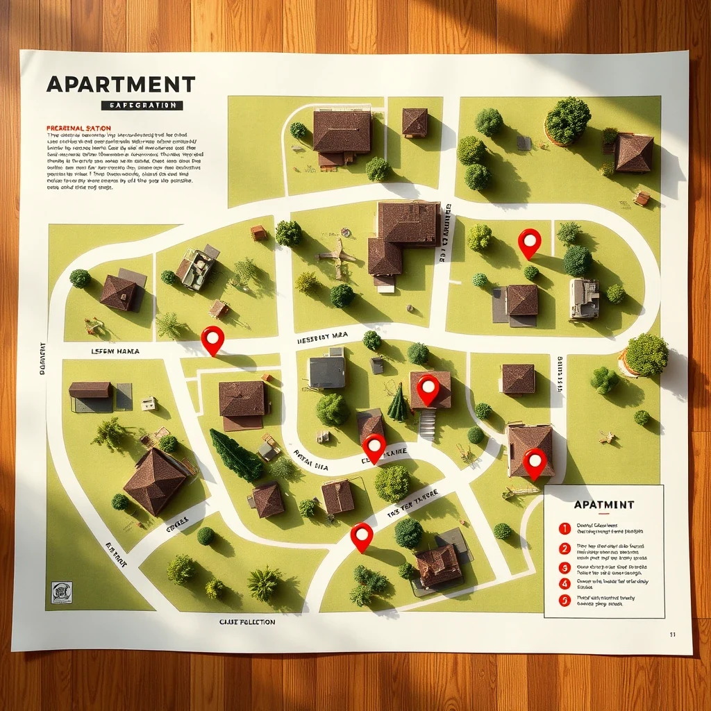 Editorial flat lay of apartment community site map with pet waste station placement markers