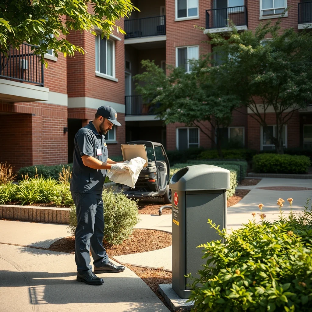 Service worker restocking a pet waste station in a residential building courtyard