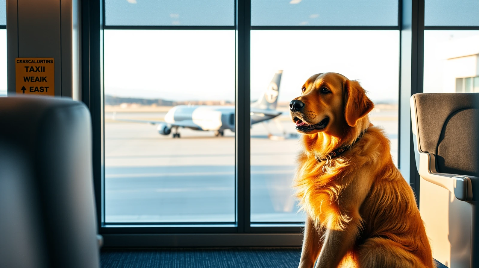 A golden retriever sitting calmly beside a soft-sided pet carrier at an airport gate window