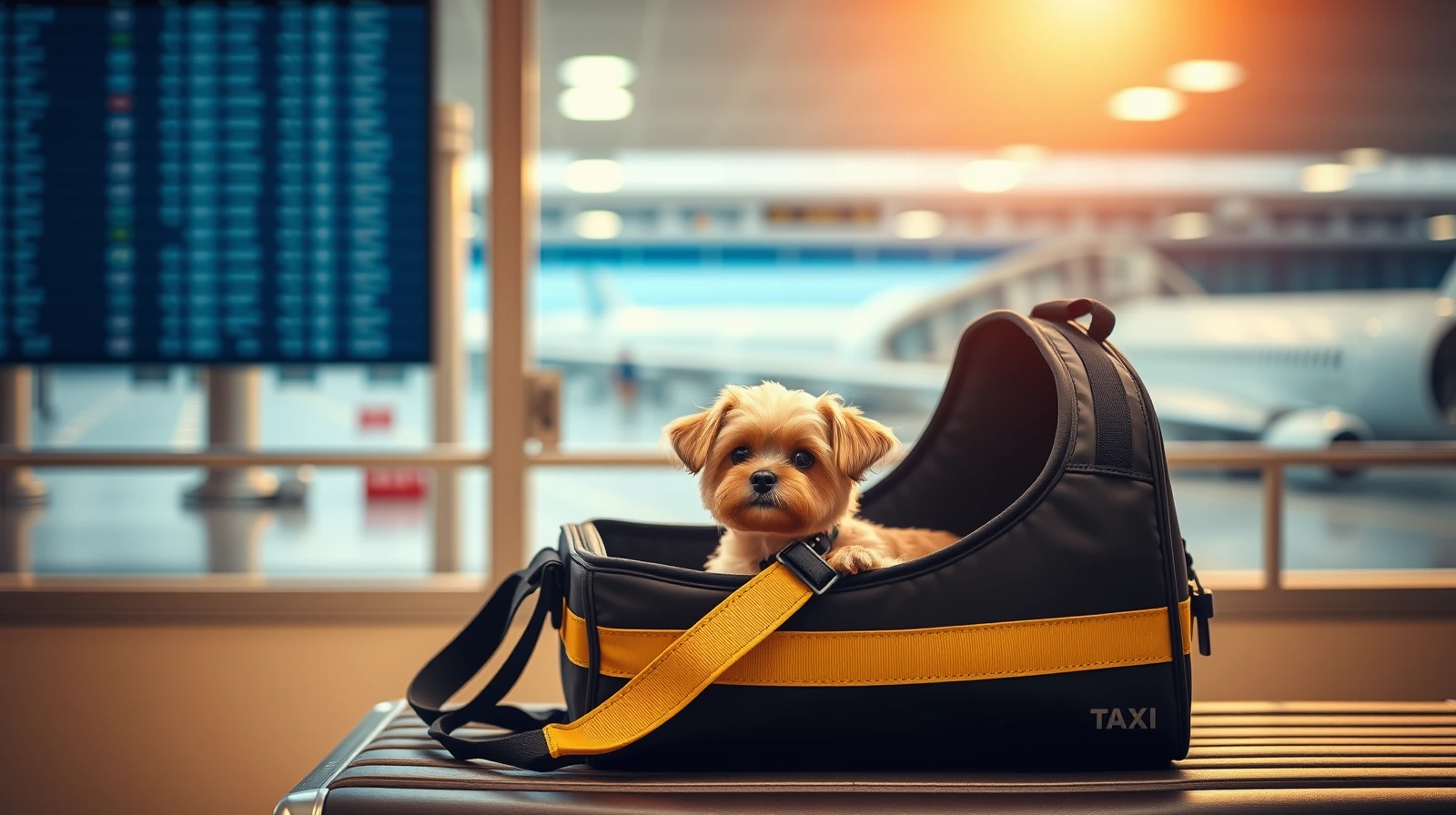 A small dog sitting calmly inside an open soft-sided travel carrier on an airport terminal bench