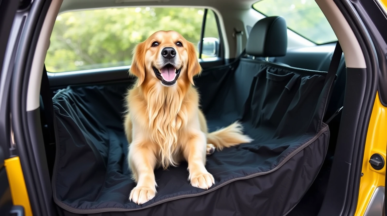 A happy golden retriever sitting on a black waterproof hammock-style seat cover in the back of a clean car