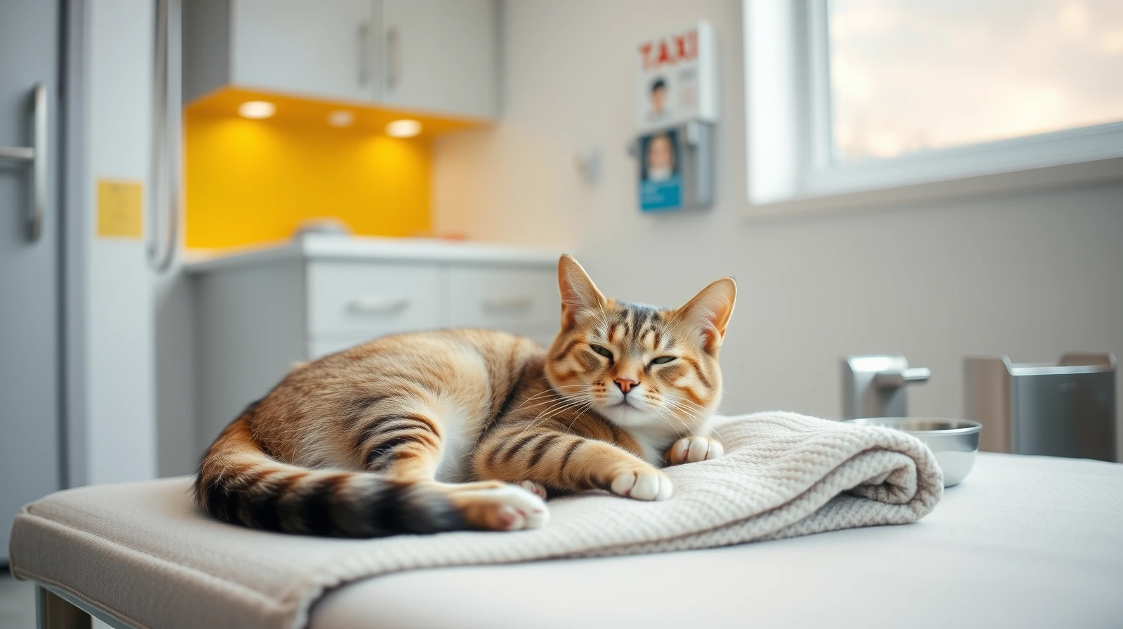A calm elderly tabby cat resting on a soft folded blanket inside a clean