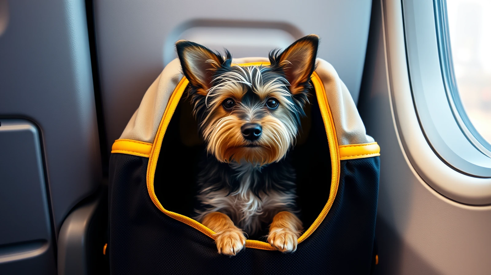 A small terrier sitting calmly inside a soft-sided travel carrier under an airplane seat