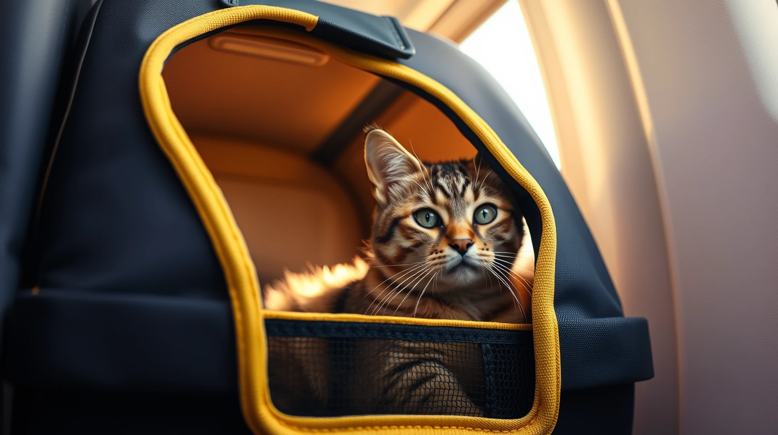 A calm tabby cat looking out from inside a soft-sided airline pet carrier placed under an airplane seat
