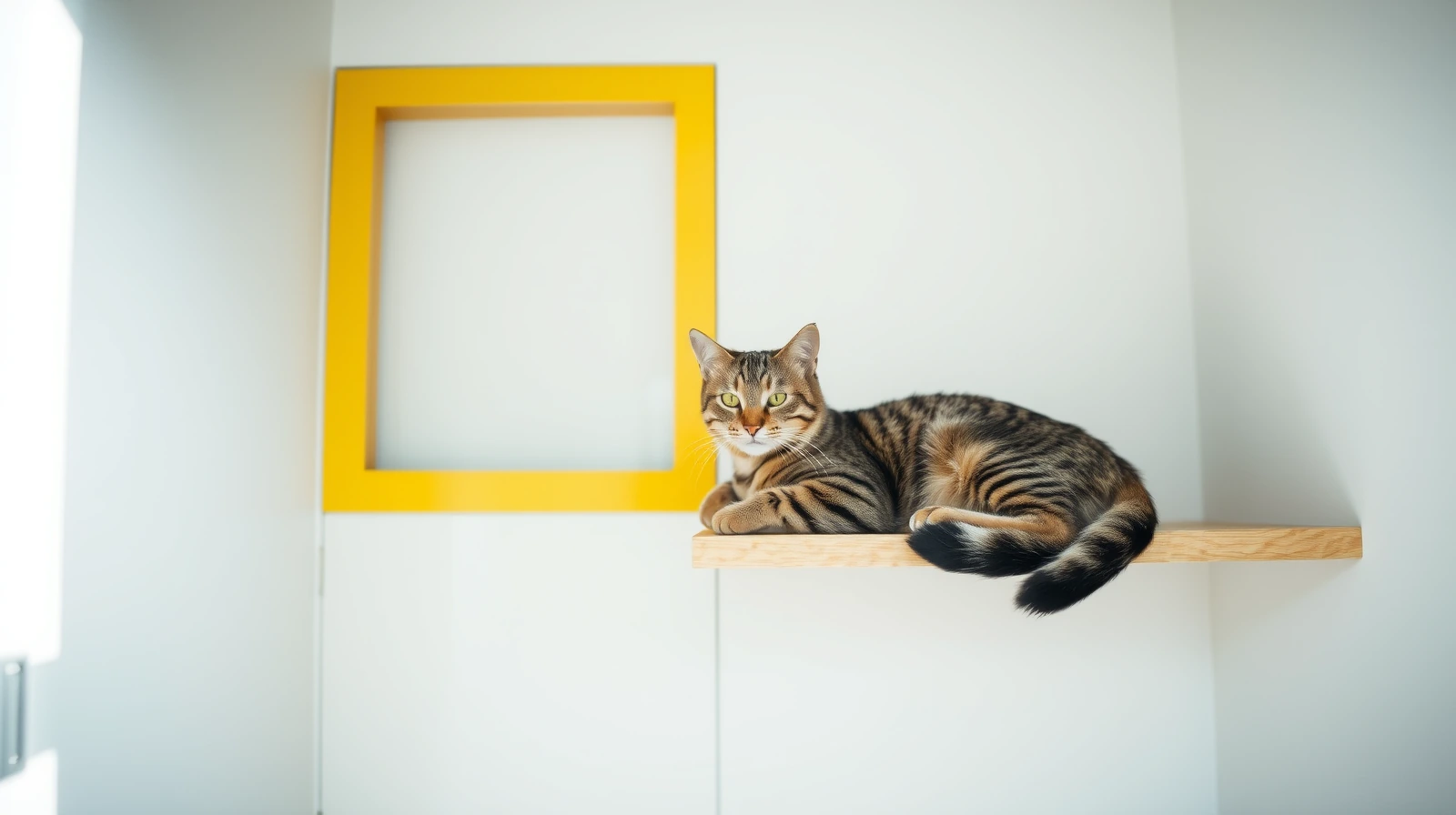 A calm tabby cat resting on a raised wooden shelf inside a clean