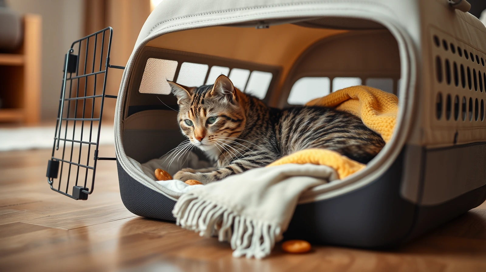 A calm tabby cat resting comfortably inside an open soft-sided carrier on a living-room floor