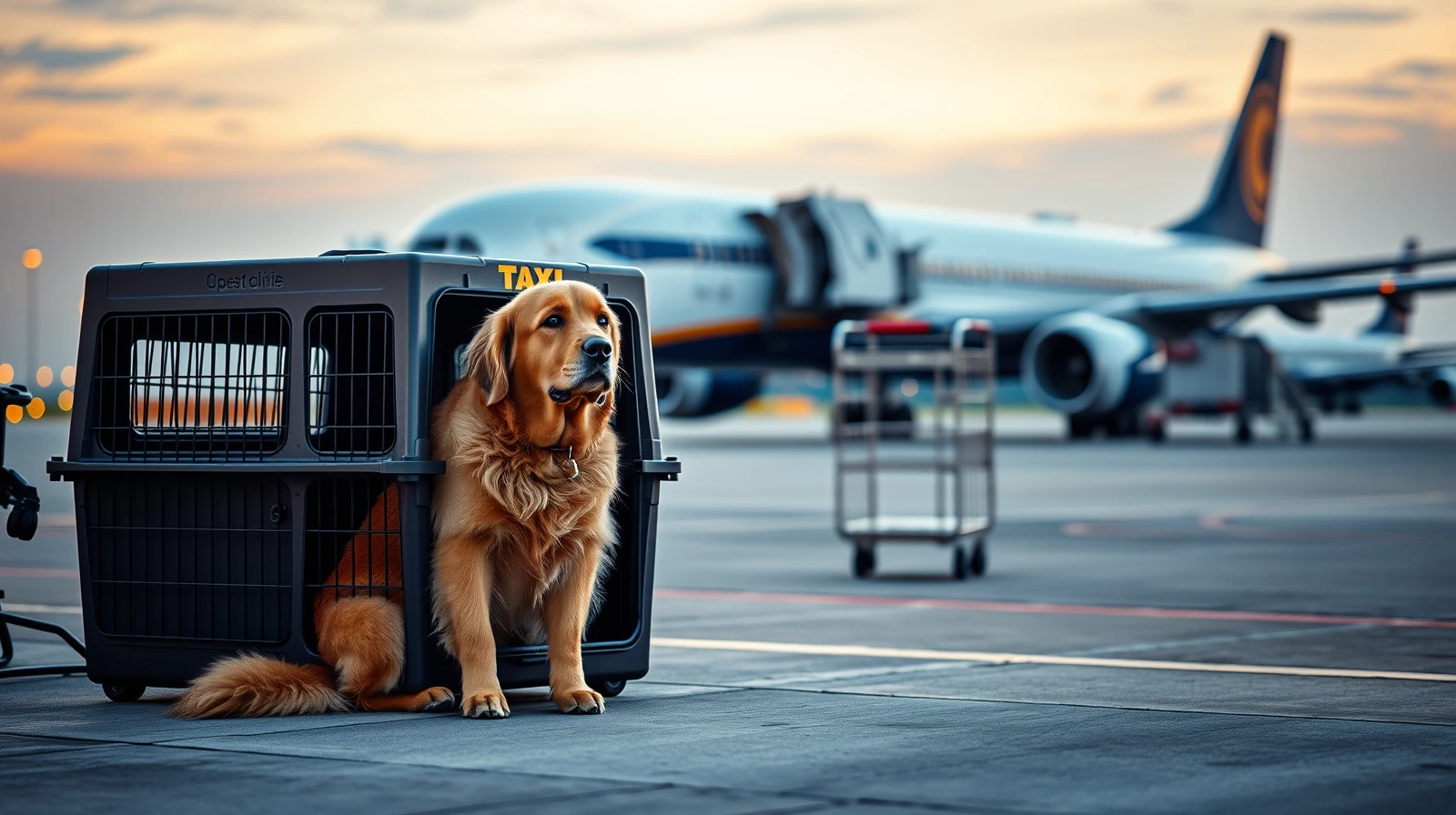 A golden retriever sitting calmly beside a sturdy airline-approved pet travel crate on an airport cargo tarmac at golden