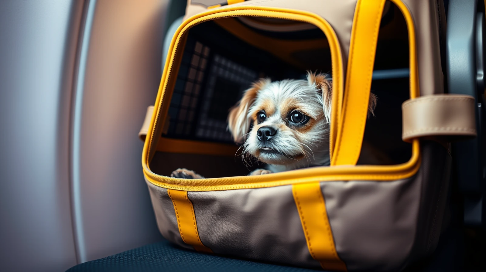 A calm small dog peeking from a soft-sided airline carrier on the floor beneath an airplane seat