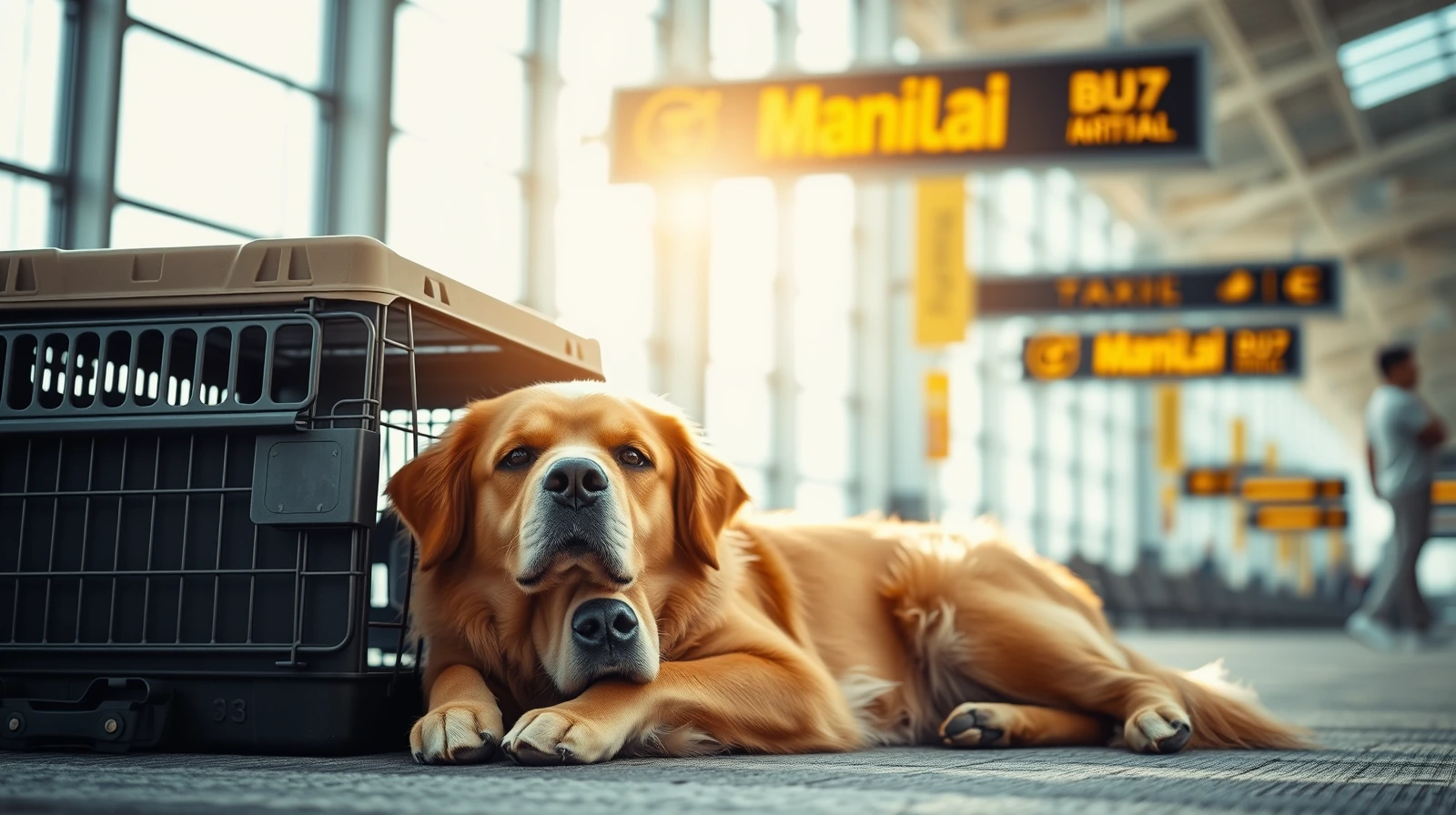 A calm golden retriever resting beside a sturdy airline-approved travel crate in a sunlit Manila international airport t