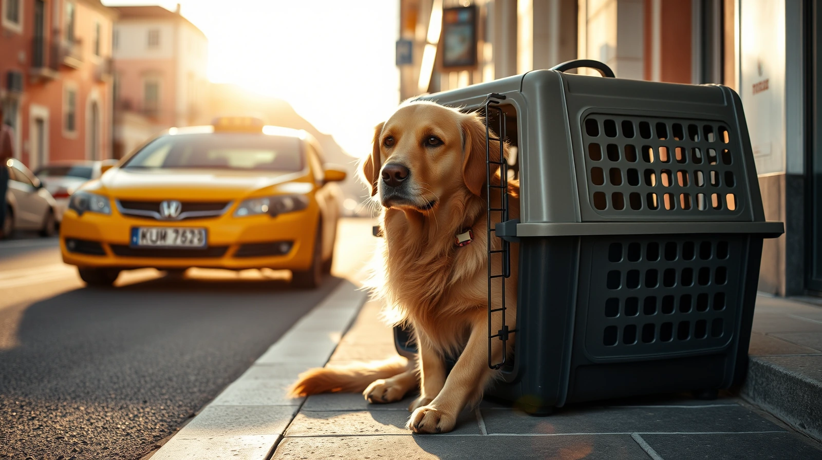 Photographic wide 16:9 shot of a calm golden retriever sitting beside an airline-style pet travel crate at a sunlit Lisb