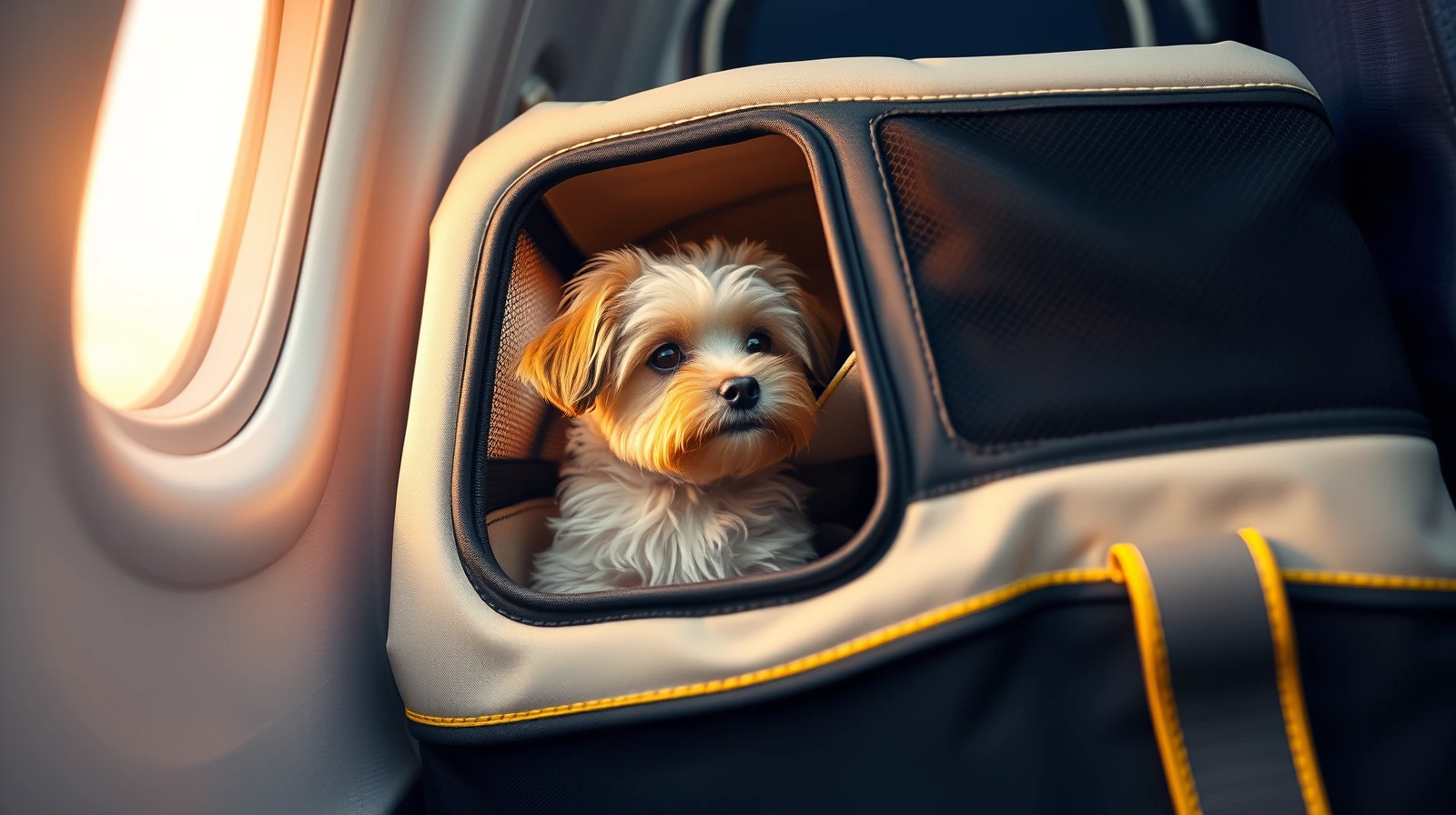 A small fluffy dog sitting calmly inside a soft-sided travel carrier on the floor of an airliner cabin